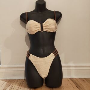 Ruched Cream Bikini Set with Brown Straps
